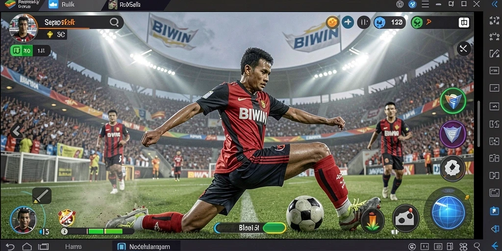 Screenshot gameplay BIWIN yang menampilkan aksi sepak bola menegangkan.